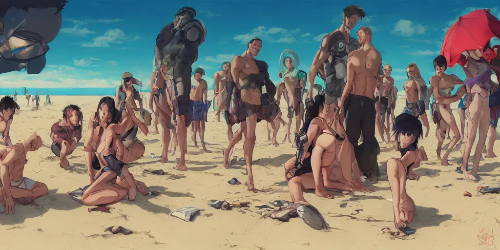 Image similar to Precisely drawn illustration of a small fantasy camp on a beach. Wide angle, Sharp, Fine Details, Anime, Manga, Cyberpunk, realistic shaded lighting, in style of Katsuhiro Otomo, Ghost in the Shell, Magali Villeneuve, Artgerm, Rutkowski, Jeremy Lipkin, Giuseppe Dangelico Pino, Michael Garmash and Rob Rey