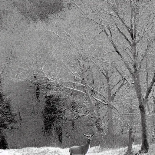 Prompt: a thermal image with gray levels of a car and a deer in high detail