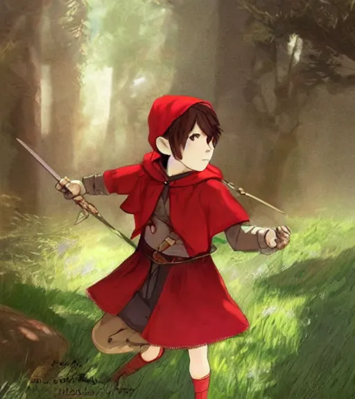 Image similar to attractive little boy character inspired in little red riding hood and link, digital artwork made by akihiko yoshida and makoto shinkai