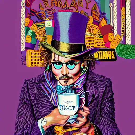 Image similar to Johnny Depp is covered in a blanket and drinking tea in Willy Wonka's Chocolate Factory, Illustration, Colorful, insanely detailed and intricate, super detailed, by Alexis Franklin