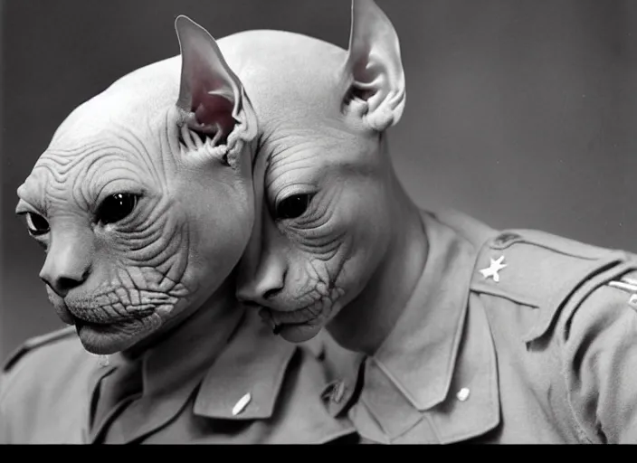 Image similar to hairless sphynx cat as a soldier in ww 2