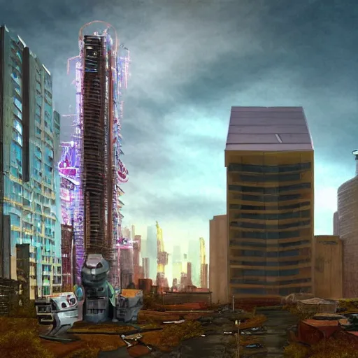 Prompt: several giant robot sky scrapper tower, people living inside robot stomach,retro sci fi, Robotjox, urban decay surroundings