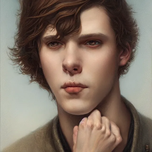 Image similar to a portrait of a content young man with short brown hair, art by tom bagshaw and manuel sanjulian