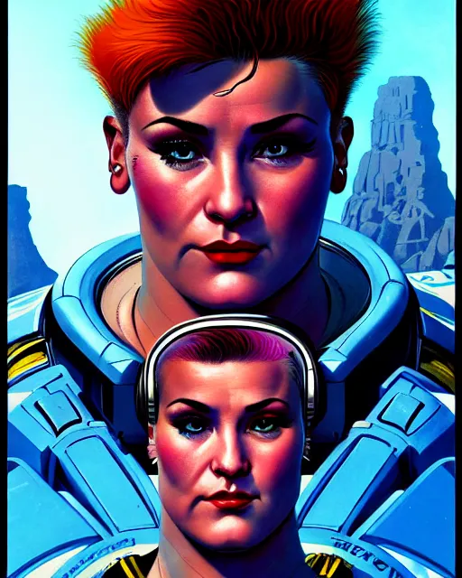 Image similar to zarya from overwatch, crazy look in his eyes, character portrait, portrait, close up, concept art, intricate details, highly detailed, vintage sci - fi poster, retro future, in the style of chris foss, rodger dean, moebius, michael whelan, and gustave dore