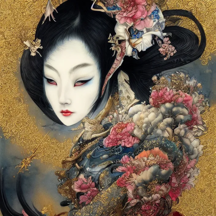 Image similar to asian geisha watercolor painting by, daniel merriam, ayami kojima, peter mohrbacher, intricate detail, artstation, artgerm, in the style of darkness fantasy, rococo, gold leaf art, rime lighting