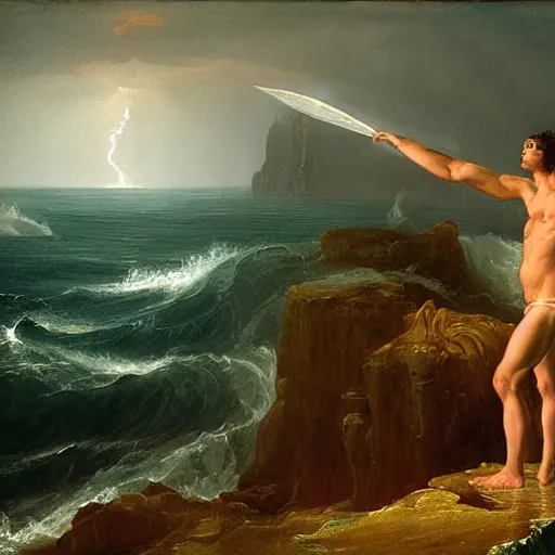 Image similar to portrait of proud and screaming Poseidon rising from the ocean, ready to fight with trident, fantasy art, by Thomas Cole, dark colors, sinister atmosphere