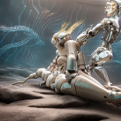 Image similar to biomechanical mecha white mermaid underwater, rays of light. Style of westworld, cables, lights, searchlight, weta digital, octane render, insane details, ultra realistic, beatifully lit, reflections