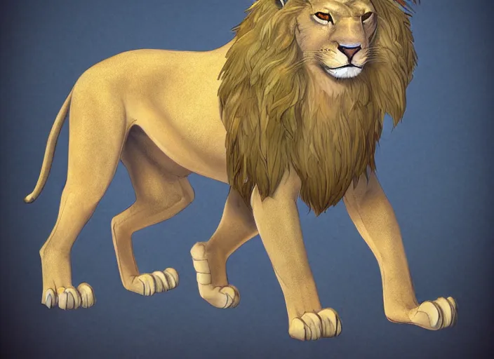 Image similar to fullbody feral lion character design of an egyptian lion. deviantart adoptable, style of maple story and zootopia, portrait studio lighting by jessica rossier and brian froud in the style of disney, traditional