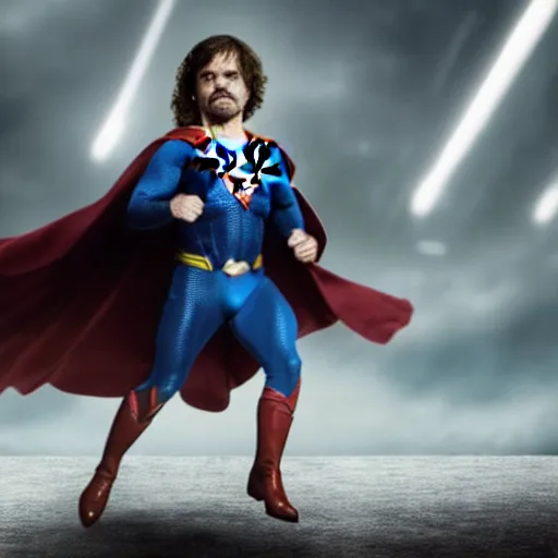 Image similar to stunning awe inspiring peter dinklage as superman, movie still 8 k hdr atmospheric lighting