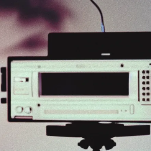 Image similar to a wide angle (((((((((close up)))))))))) professional studio photograph of a 90s television and VHS combo playing a video of clouds, key light, 50mm, shallow depth of field, no artefacts