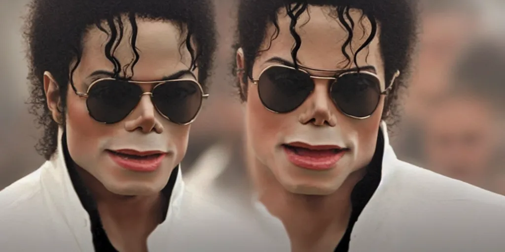 Prompt: michael jackson 2 0 0 9 wearing shades, this is it style, photo real, pores, motion blur, solo dancing with soldiers for music video, by himself, real life, spotted, ultra realistic face, accurate, 4 k, movie still, uhd, sharp, detailed, cinematic, render, modern