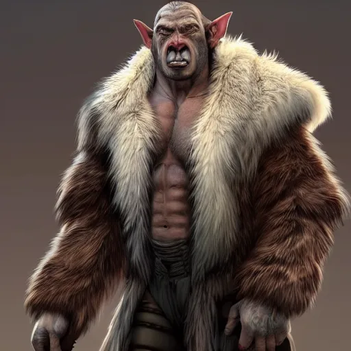 Image similar to A full body shot of a handsome orc looking into the camera wearing a fur jacket and boots, full body shot, artstation, realistic, highly detailed, symmetrical, hyper realism, high detail, octane render, unreal engine, 8k, fantasy art, intricate, highly detailed, concept art, art by artgerm