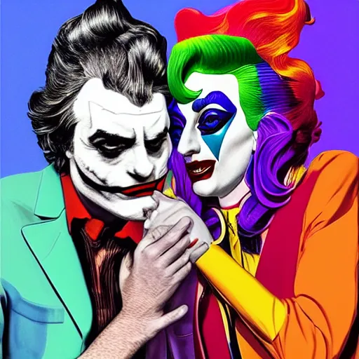 Prompt: richard hamilton and mimmo rottela as lady gaga harley queen and joaquin phoenix joker kissing, pop art, medium long shot, 2 color, justify content center, object details, dynamic composition, 4 k, ultra realistic art, smooth, sharp focus, illustration, concept art, intricate details, h 7 6 8