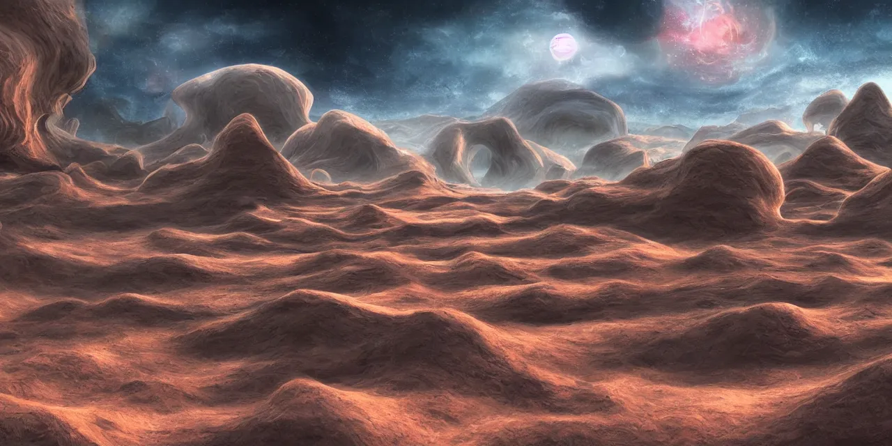 Prompt: surreal image of a landscape on an alien planet, digital art,