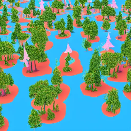 Image similar to forest of many cartoon style trees 3 d, river with an island of a cartoon medieval castle, colourful, blue sky