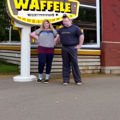 Image similar to wafflehouse employee's standing below wafflehouse sign