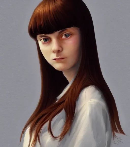 Image similar to https://s.mj.run/SVF9-OTU880 portrait of a welsh teenage girl with brown hair, glowing skin, delicate features, amelie poulain, fantasy, small mouth, quiet beauty, intricate, elegant, dress shirt, highly detailed, digital painting, artstation, concept art, smooth, sharp focus, illustration, art by Krenz Cushart and Artem Demura and alphonse mucha