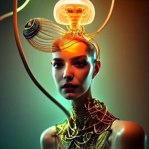 Image similar to portrait of an absurdly beautiful, graceful, sophisticated, fashionable egyptian cyberpunk mechanoid gravure idol, hyperdetailed illustration by irakli nadar, matt wisniewski style, intricate linework, fashion photography, porcelain skin, jellyfish headdress, golden cable necklace, unreal engine 5 highly rendered, radiant light, detailed and intricate environment