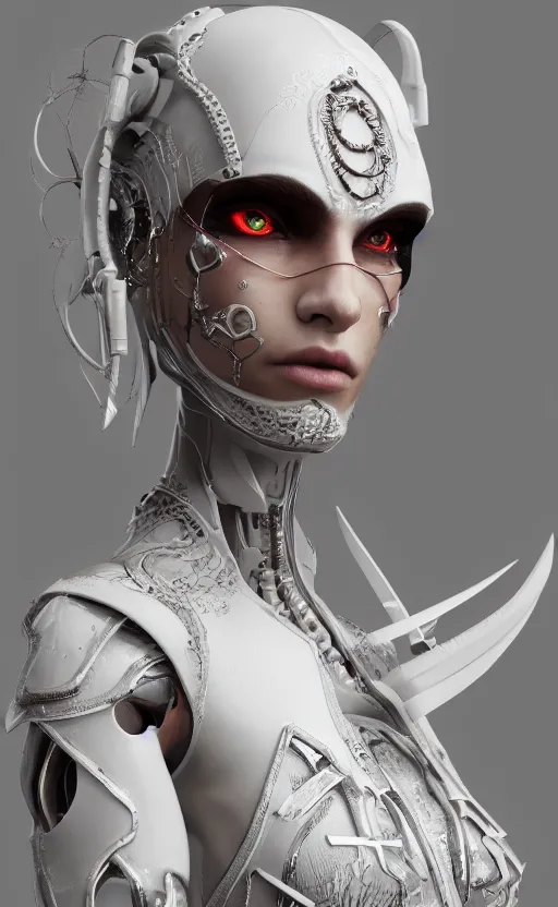 Image similar to white cyborg fashion shot, copper spiral decorations, white elegant baroque design, smooth heads, headshot half figure, photorealistic, 8k, hyper detailed, unreal engine, trending on artstation,