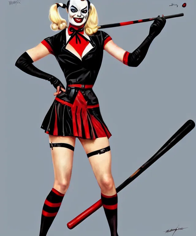 Image similar to 1940's pin-up Margot Robbie as Harley Quinn, fully dressed, with baseball bat, highly detailed, digital painting, artstation, concept art, smooth, sharp focus, illustration, art by artgerm and greg rutkowski and alphonse mucha