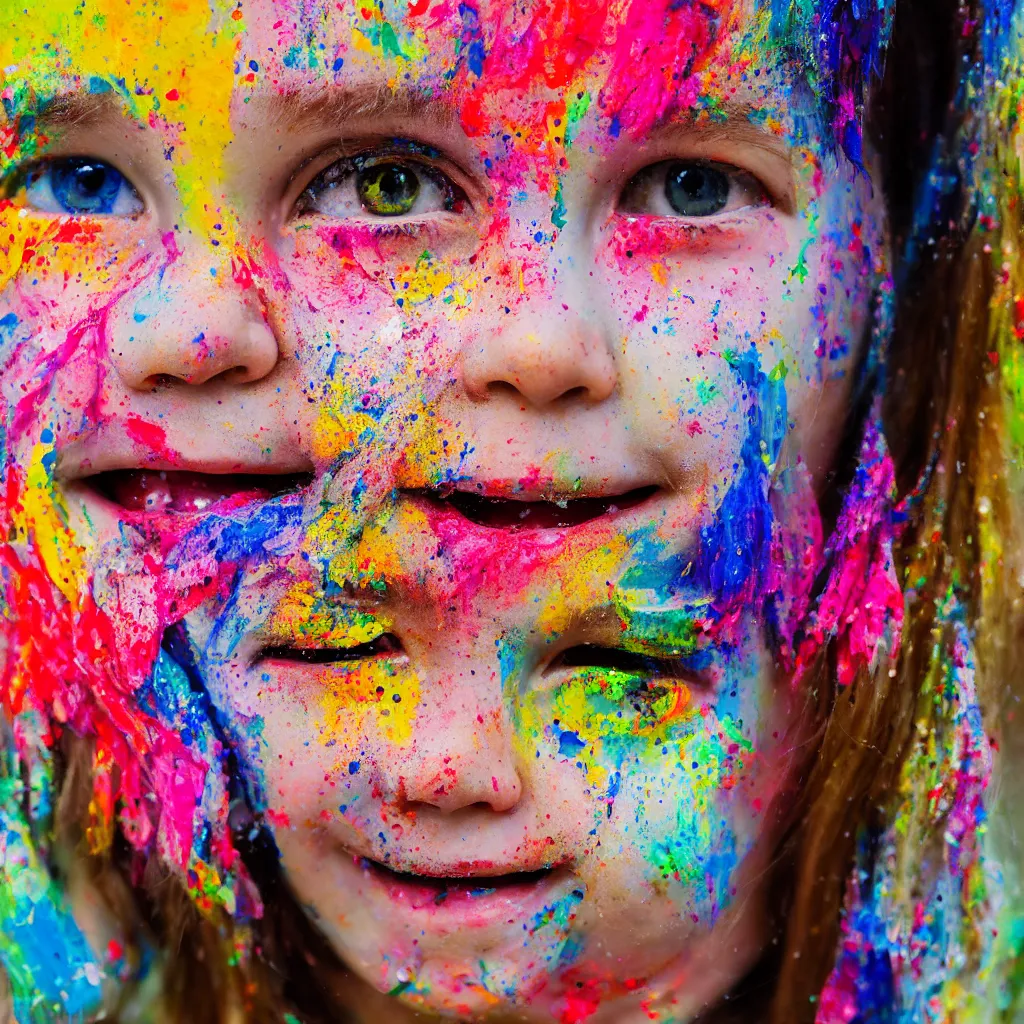 Prompt: Close up of a happy young girls face splattered with paint, painted in the style of the old masters, painterly, thick heavy impasto, expressive impressionist style, painted with a palette knife