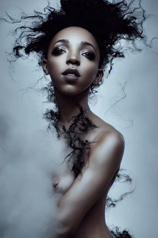 Image similar to photoshoot of tinashe as mysterious dark goddess of death, realism, clouds, swirling energy, torn fabric, elaborate ornate growth, gilded relief, volumetric lighting, light shafts, ambient light, trending on artstation, by alessio albi