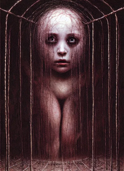 Image similar to pale girl in rags inside cage by Beksinski