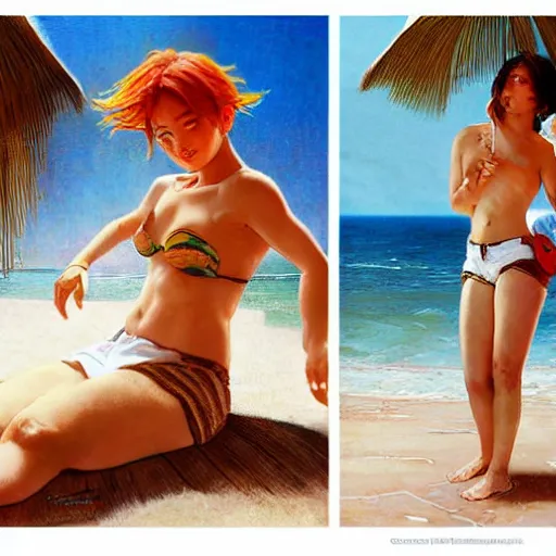 Image similar to jimin in shorts, beach, sun shining, (SFW) safe for work, photo realistic illustration by greg rutkowski, thomas kindkade, alphonse mucha, loish, norman rockwell