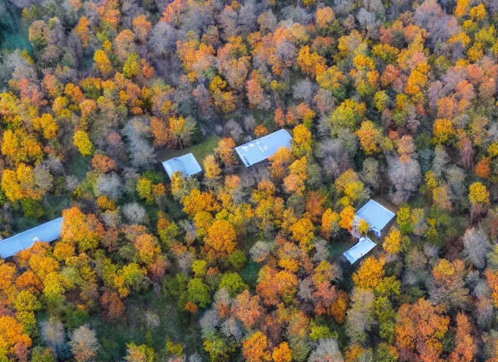 Image similar to low drone shot of a ranch style Juvenile Detention Center middle of the Woods during autumn