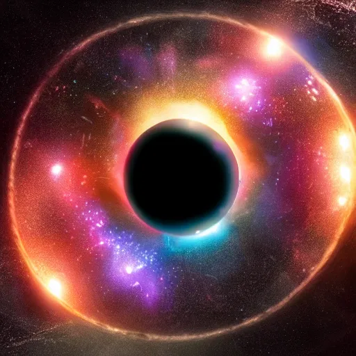 Image similar to glowing glorious 3D black hole in movie, intergalactic, space theme, galaxy colored, hyperdetailed, digital painting, trending on Artstation, cel-shading style, CG society, hyperdetailed, digital painting, hypermaximalist, golden ratio, volumetric, octane render, weta digital, micro details, 3d sculpture