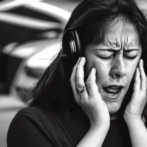 Image similar to a woman crying while listening to music, ( sony a 7 r iv, symmetric balance, polarizing filter, photolab, lightroom, 4 k, dolby vision, photography award, picturesque ) police car lights