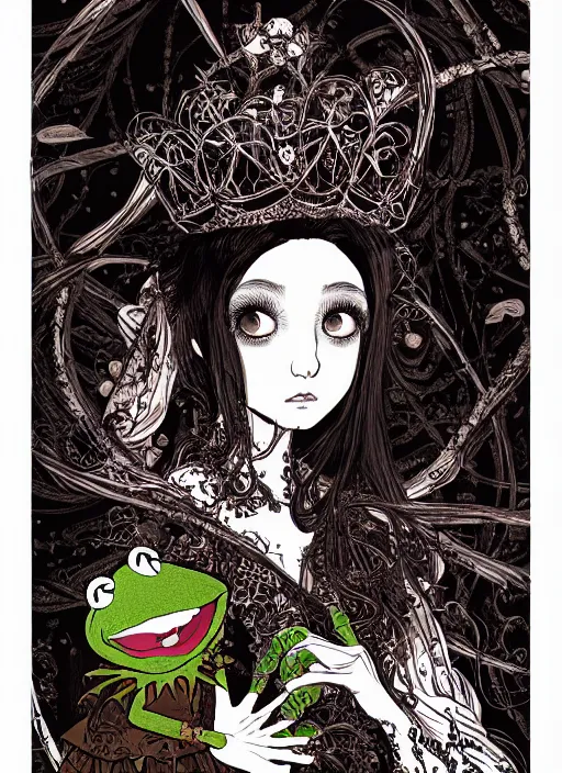 Image similar to behold the kermit the frog queen, digital illustration in a mixed style of serhiy krykun and ken taylor and takato yamamoto, inspired by gothic paintings and shoujo manga, surrounded by a torchlit cavern landscape, hyper detailed, stunning inking lines, flat colors, 4 k, hd, award winning, photorealistic