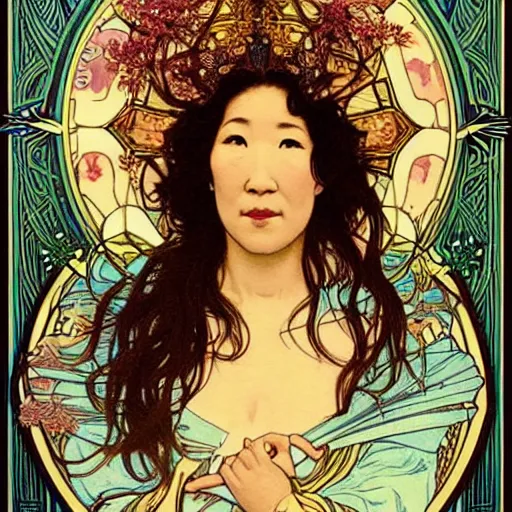 Prompt: sandra oh portrait by louis - theophile hingre and alphonse mucha, realistic, sharp focus, zodiac signs, tarot cards, planets, ethereal, art nouveau, magic, moon, sun, crown, dreamy, royal, jewellery