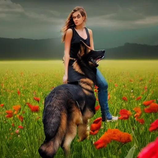 Image similar to girl riding a giant German shepherd in a field of flowers, trending on artstation