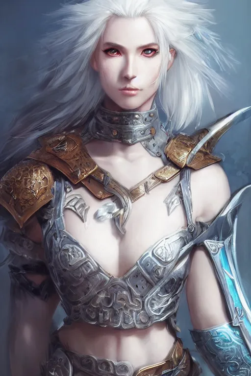 Image similar to A realistic anime portrait of a white haired female barbarian wearing an intricate armor, digital painting, by Stanley Artgerm Lau, Sakimichan, WLOP and Rossdraws, digtial painting, trending on ArtStation, SFW version