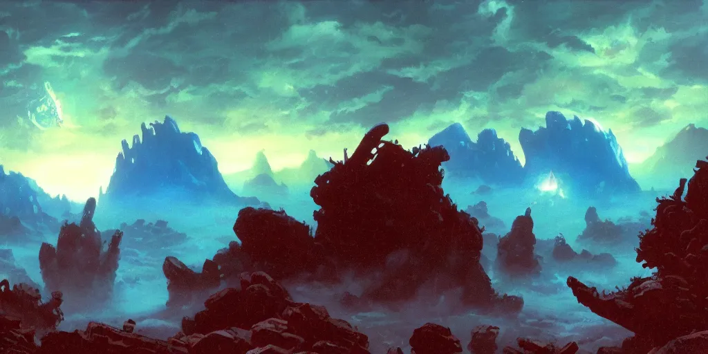 Image similar to ”rising from a round pool while being chased by tentacles, rugged alien planet with rocks, mountains in the background in a blue fog, side-view, [epic, cinematic, establishing shot, far, paul lehr, rutkowski]”