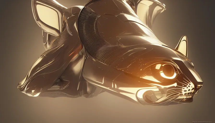 Prompt: product photo of a futuristic luxurious feline pet robot by artgerm and greg rutkowski and alphonse mucha, zaha hadid, cat dog teddy mix, volumetric light, detailed, octane render, midsommar