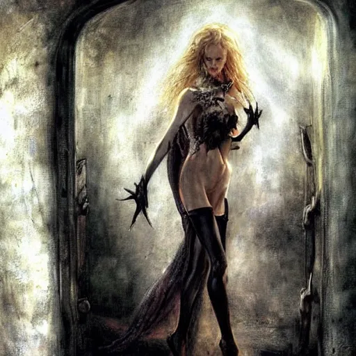 Image similar to nicole kidman chained to a wall in a dungeon, beautiful painting by raymond swanland and magali villanueve, by luis royo, beautiful detailed body and face