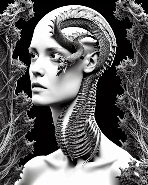 Image similar to a black and white high quality photo of a young beautiful female queen-dragon-cyborg bust with a very long neck and Mandelbrot fractal face, Mandelbrot fractal skin, flesh, anatomical, facial muscles, veins, arteries, elegant, highly detailed, flesh highly baroque ornate, hair are wired cables, elegant, high fashion, rim light, octane render, in the style of Diane Arbus, Realistic, Refined, Digital Art, Highly Detailed, Cinematic Lighting, rim light, black and white, photo-realistic, 8K