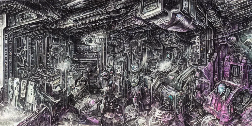 Image similar to an eldritch brutalist gothic airbrush painting of a voidpunk starship interior, illustrated by HG Wells, Warhammer 40k, Lisa Frank, Josh Kirby, sci-fi and cyberpunk, clean linework, Obsidian, technological, artificial