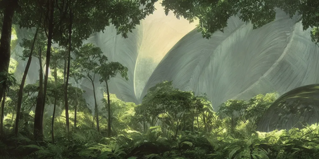 Image similar to a twirly architectural monument right in the middle of a huge crater in a tropical forest, ralph maquarrie and syd mead cinematic matte painting, 4 k