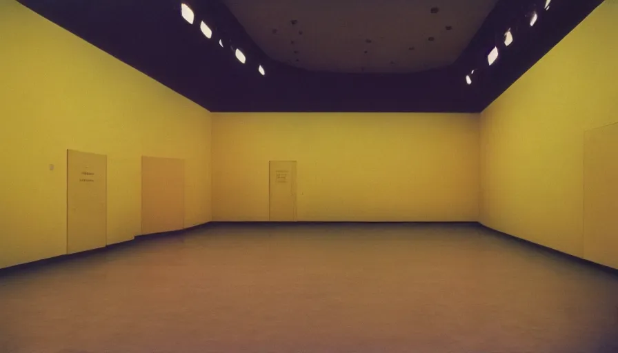 Image similar to 60s movie still of a sovietic stalinist style empty art museum with a soviet congress with yellow wall, cinestill 800t, liminal Space style, heavy grain