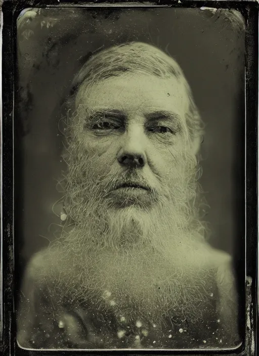 Image similar to old wetplate daguerreotype portrait, negative burn, explosion of data fragments, fractal, intricate, elegant, highly detailed, parallax, leica, medium format, subsurface scattering, by jheronimus bosch and greg rutkowski and louis jacques mande daguerre