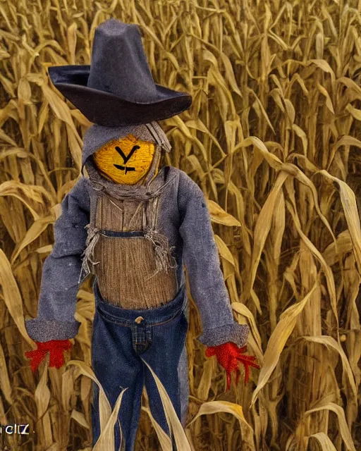 Prompt: scarecrow in the corn field at midnight, by chet zar, 8K DoP