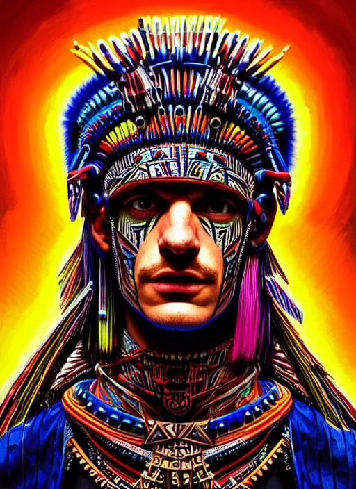 Image similar to portrait of andrew garfield, hyper detailed ultra sharp aztec shaman warrior. trending on artstation, warpaint aesthetic, bloodwave, colorful, psychedelic, ornate, intricate, digital painting, concept art, smooth, sharp focus, illustration, art by artgerm and greg rutkowski and h. r. giger, 8 k