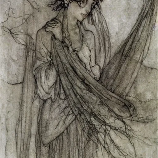 Image similar to by arthur rackham bleak. a kinetic sculpture beauty & mystery of the woman sitting before us. enigmatic smile & gaze invite us into her world, & we cannot help but be drawn in. soft features & delicate way she is dressed make her almost ethereal. landscape distance & mystery. what secrets this woman holds.