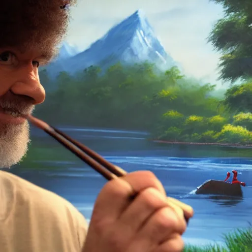 Image similar to a closeup photorealistic photograph of bob ross working on a canvas painting of spiderman. film still. brightly lit scene. mountains and trees. this 4 k hd image is trending on artstation, featured on behance, well - rendered, extra crisp, features intricate detail, epic composition and the style of unreal engine.