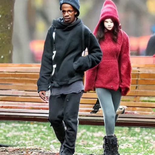 Image similar to travis scott dating anya taylor joy in central park at winter, symmetry photorealistic, dynamic light, ultra detailed, paparazzi photo