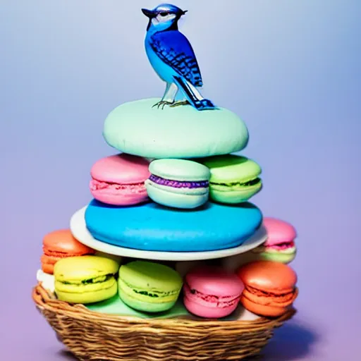 Image similar to A blue jay standing on a large basket of rainbow macarons.