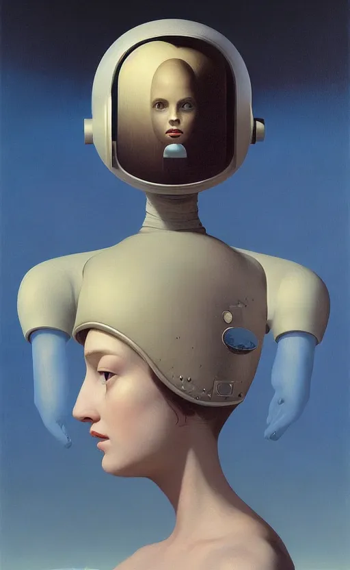 Image similar to portrait An astronaut girl wearing helmet with black lace dress, Edward Hopper and James Gilleard, Zdzislaw Beksinski, Mark Ryden, Wolfgang Lettl highly detailed